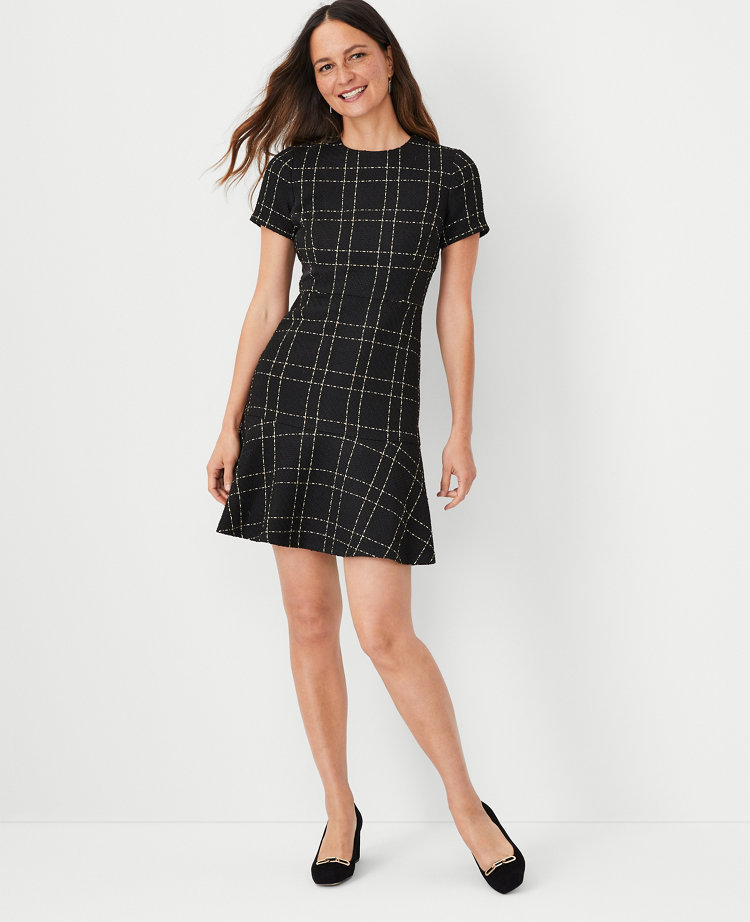 Petite Shimmer Tweed Flounce Flare Dress