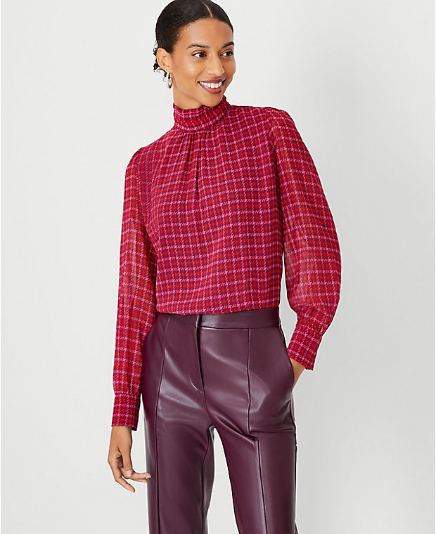 Houndstooth Pintucked Mock Neck Popover