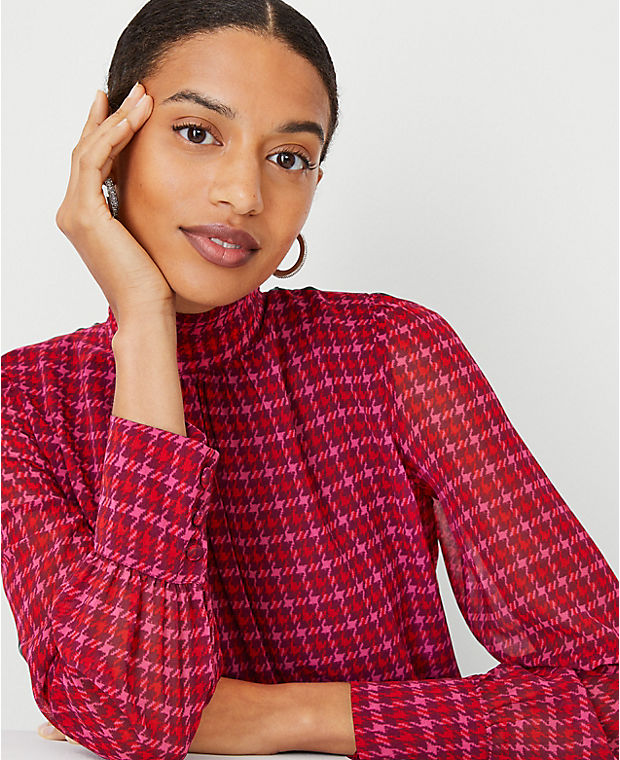 Houndstooth Pintucked Mock Neck Popover