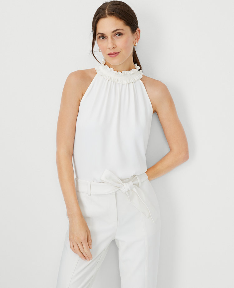 Pearlized Mixed Media Ruffle Halter Shell