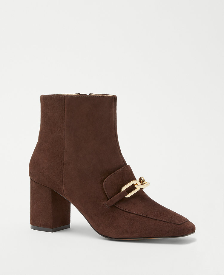 Chain Block Heel Suede Booties