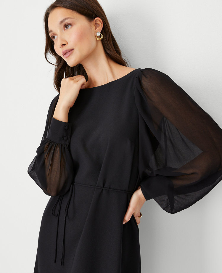 Petite Chiffon Sleeve Belted Dress