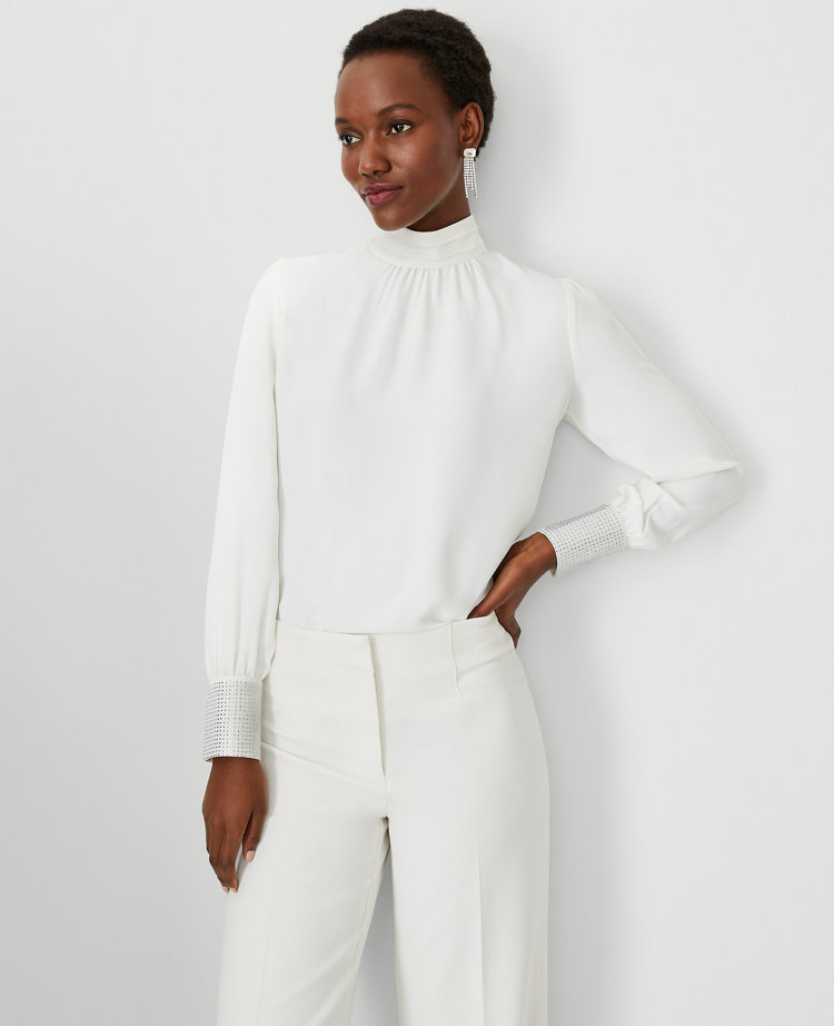 Crystal Cuff Pintucked Mock Neck Popover