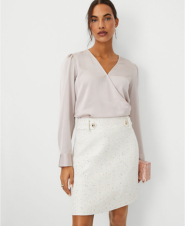 Petite Sequin Tweed Button Tab A-Line Skirt