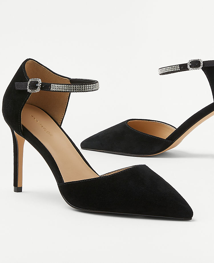 Crystal Ankle Strap Suede Pumps