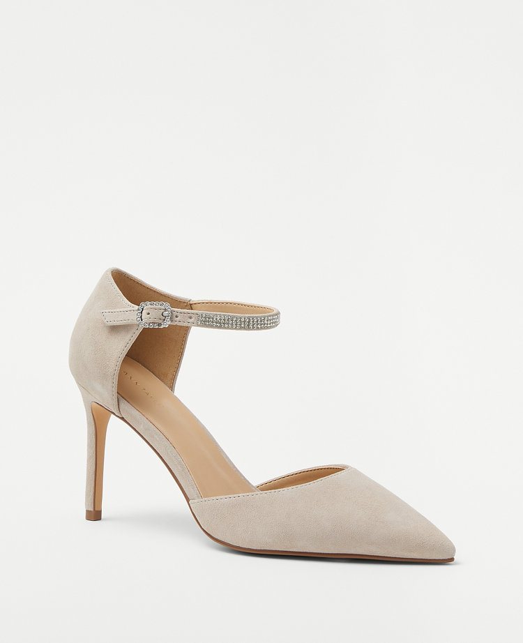 Crystal Ankle Strap Suede Pumps