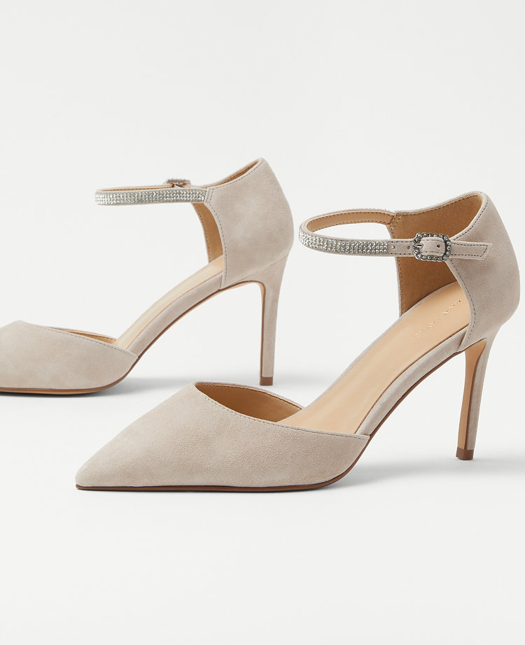 Crystal Ankle Strap Suede Pumps