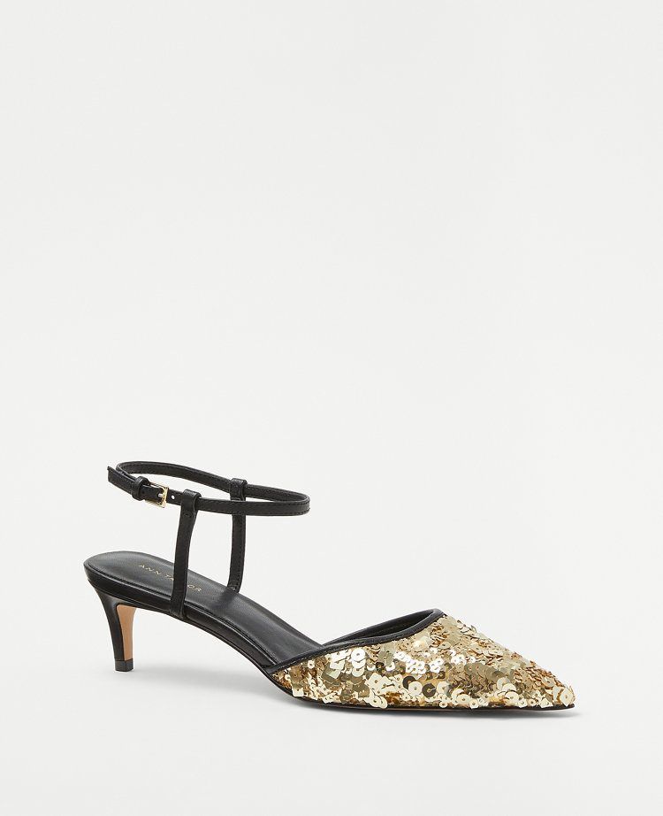 Ann Taylor Sequin Kitten Heel Pumps Gold Shine Women's