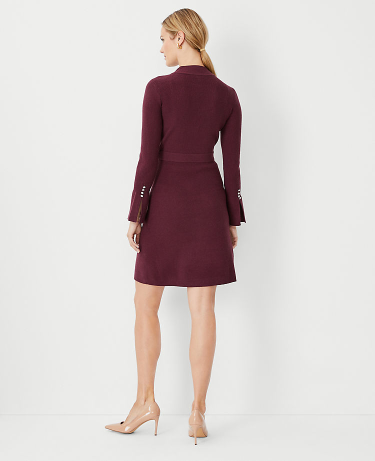 Crystal Button Cuff Ribbed Flare Sweater Dress