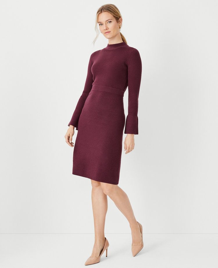 Crystal Button Cuff Ribbed Flare Sweater Dress