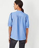 Chambray Puff Sleeve Split Neck Top carousel Product Image 2