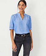 Chambray Puff Sleeve Split Neck Top carousel Product Image 3