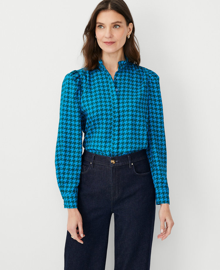 Houndstooth Ruffle Neck Shirt