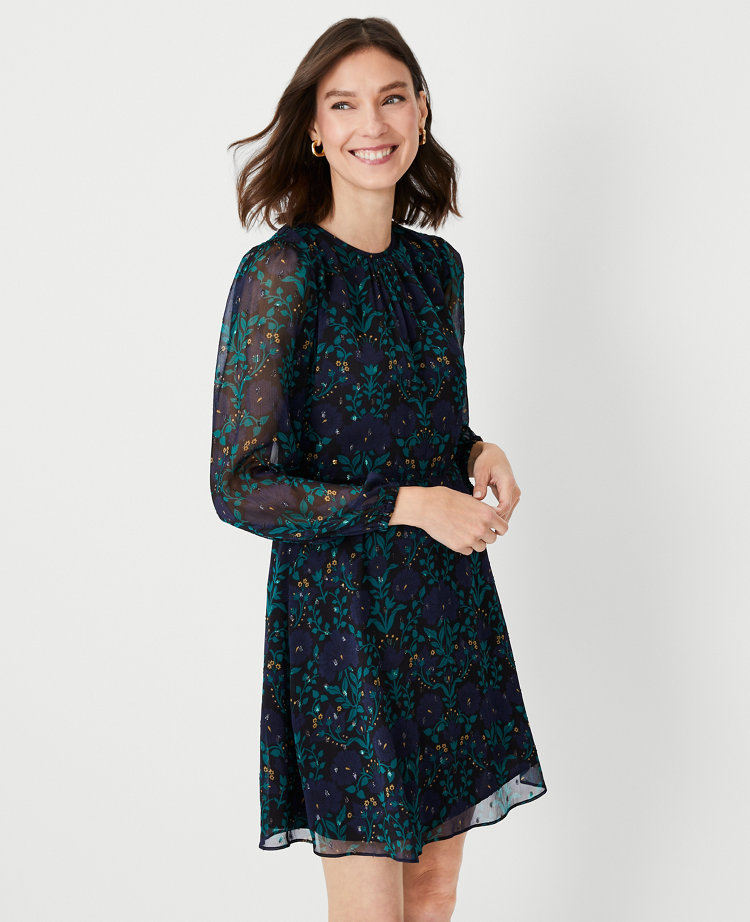 Shimmer Floral Mock Neck Flare Dress