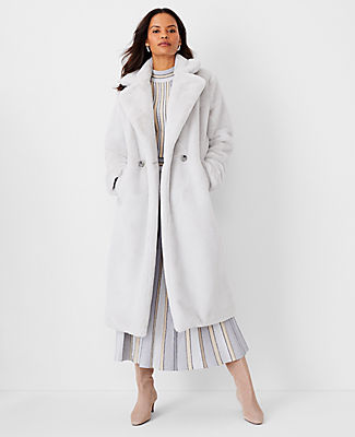 Ann Taylor Faux Fur Double Breasted Coat In Manhattan Mist
