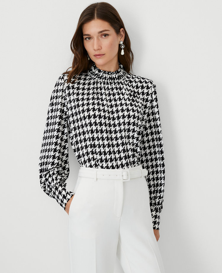 Houndstooth Shirred Mock Neck Top