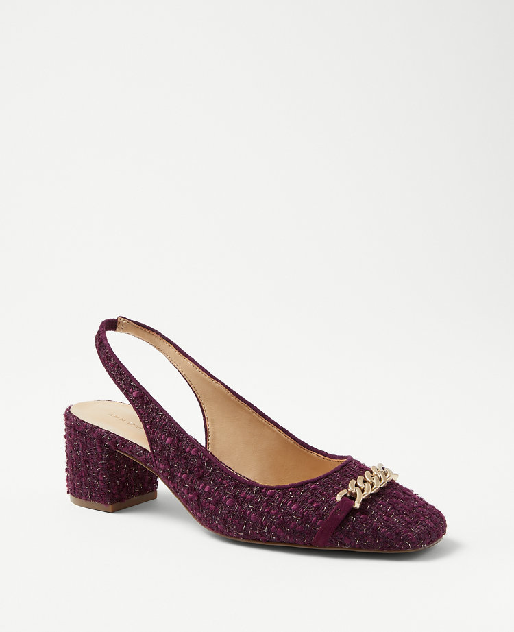 Chain Tweed Cap Toe Block Heel Slingback Pumps