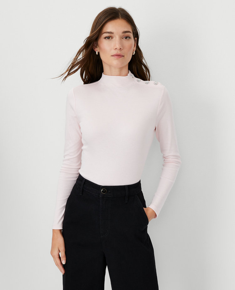 Crystal Shoulder Button Turtleneck Top