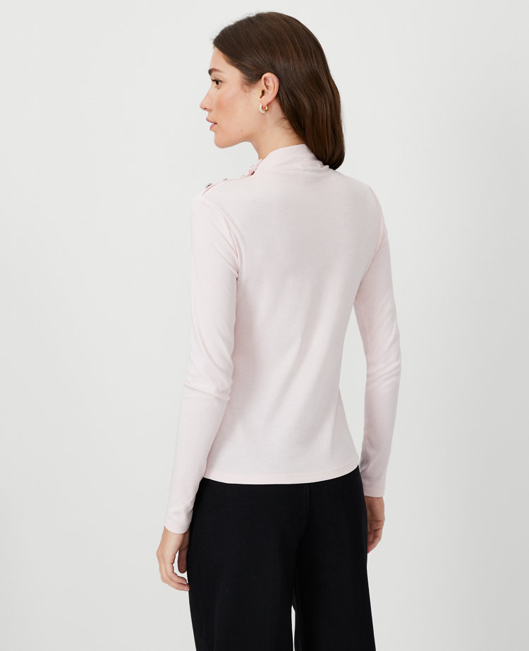 Crystal Shoulder Button Turtleneck Top