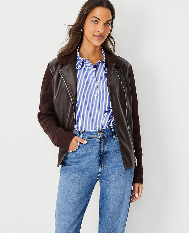 Faux Leather Front Moto Sweater Jacket