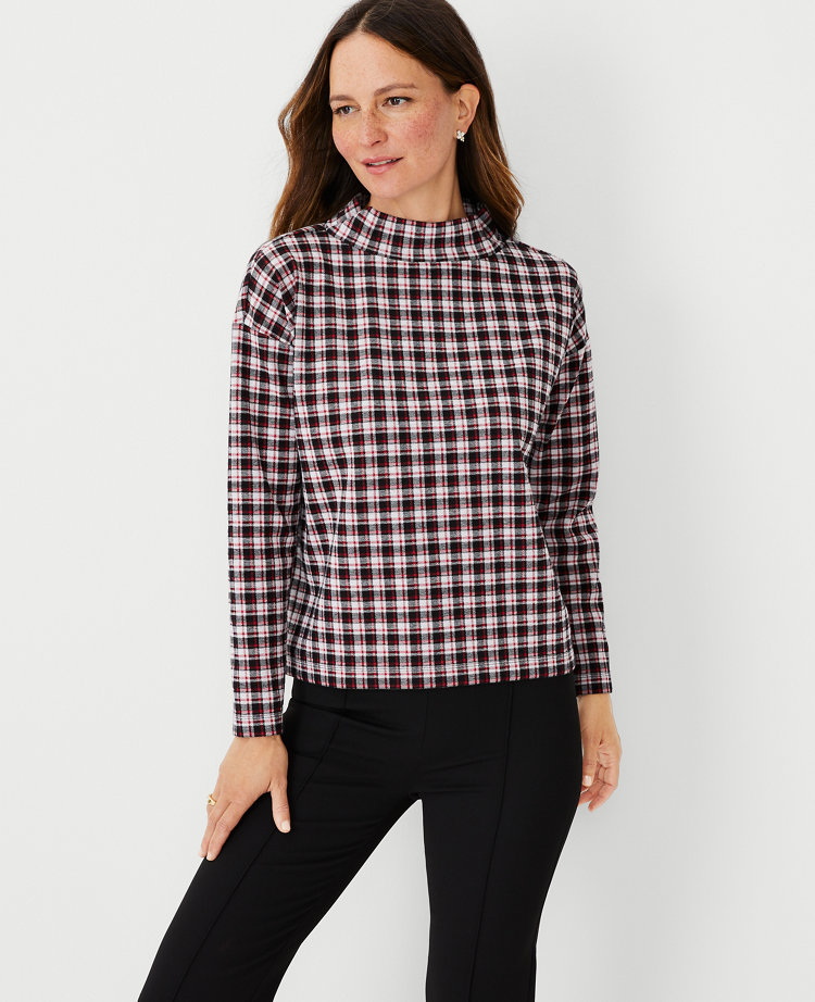 Ann Taylor Plaid Mock Neck Top Black Women's