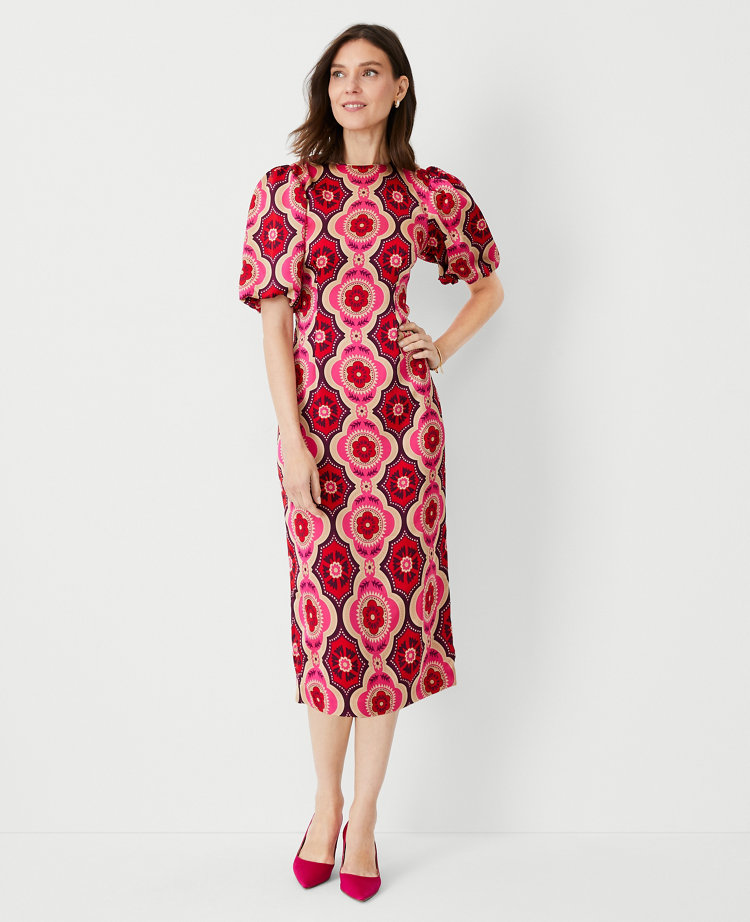 Geo Puff Sleeve Sheath Dress