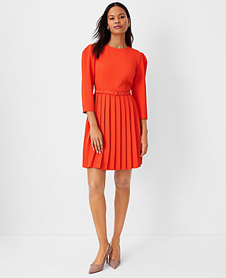 Ann Taylor Pleated Belted Flare Dress In Grenadine Punch