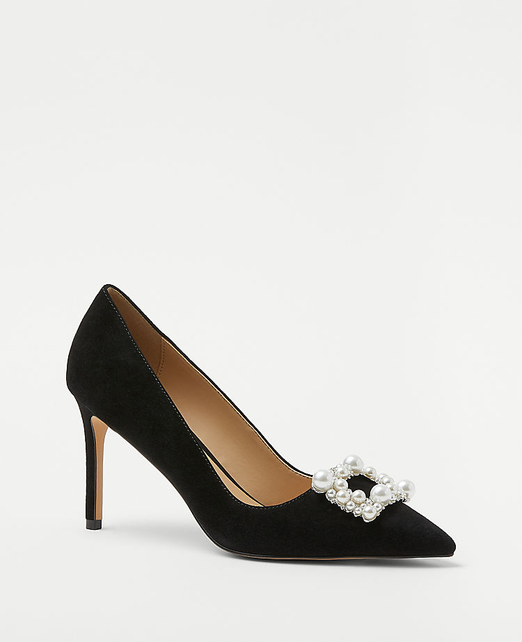 Pearlized Buckle Suede Straight Heel Pumps