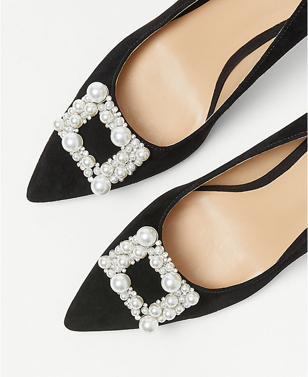 Pearlized Buckle Suede Straight Heel Pumps