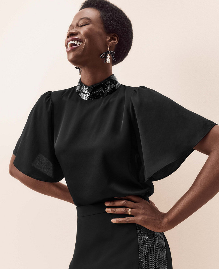 Mock Neck Asymmetric Hem Flower-Sequin Top