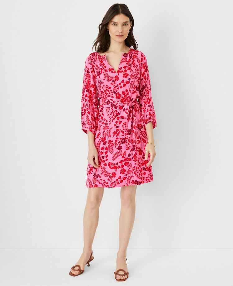 Ann Taylor Floral Puff Sleeve Belted Shift Dress