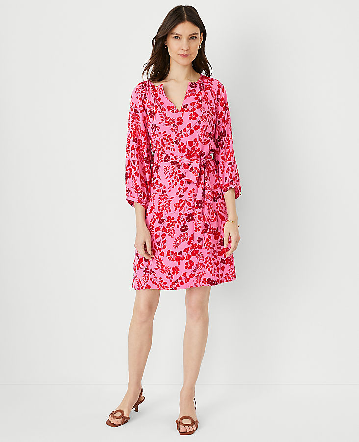 Floral Puff Sleeve Belted Shift Dress