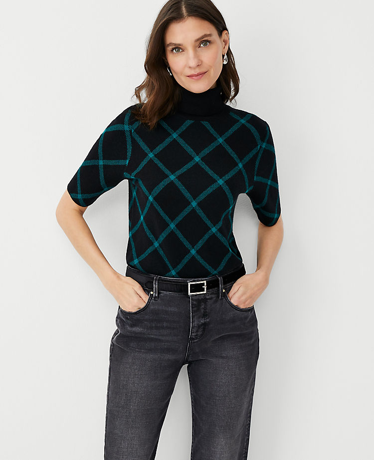 Plaid Turtleneck Elbow Sleeve Sweater