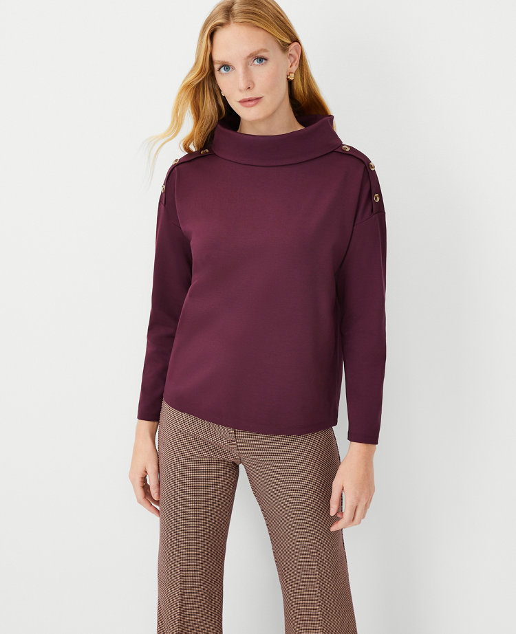 Ann Taylor Shoulder Button Mock Neck Top Plum Rose Women's