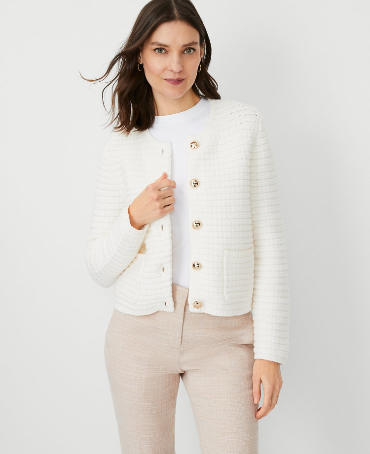 Ann Taylor Geo Stitch Sweater Jacket Winter White Women's