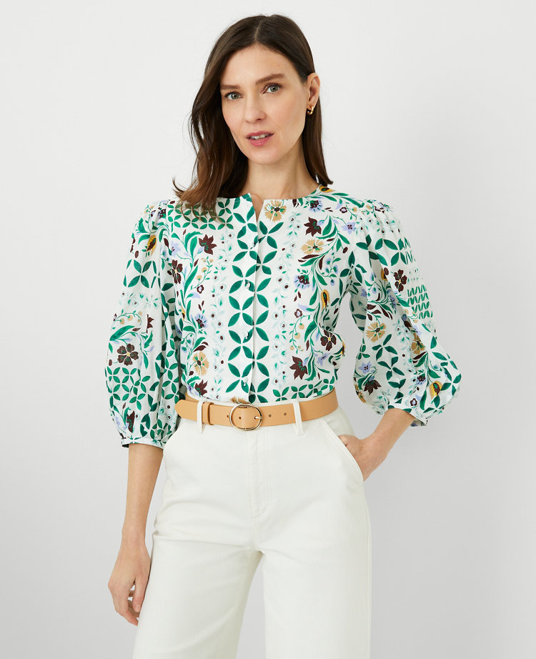 Pleated Sleeve Poplin Top - Floral Medallion