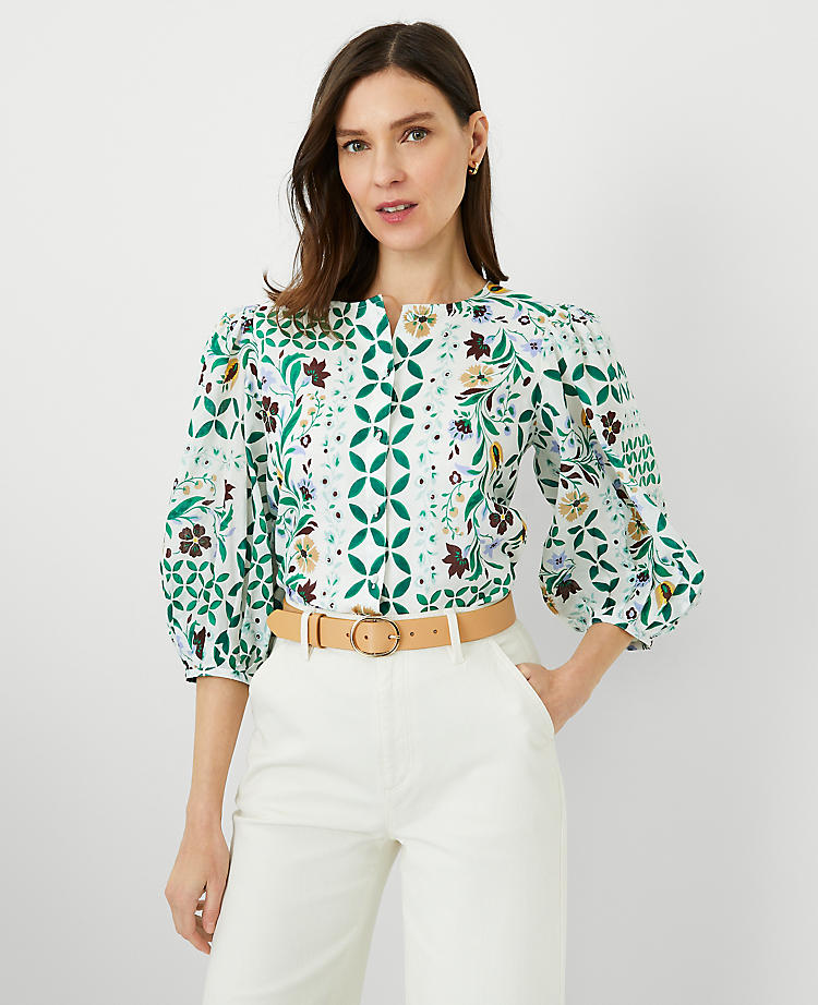 Floral Maze Pleated Puff Sleeve Top