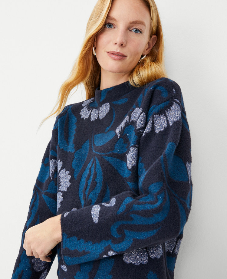 Floral Jacquard Funnel Neck Sweater