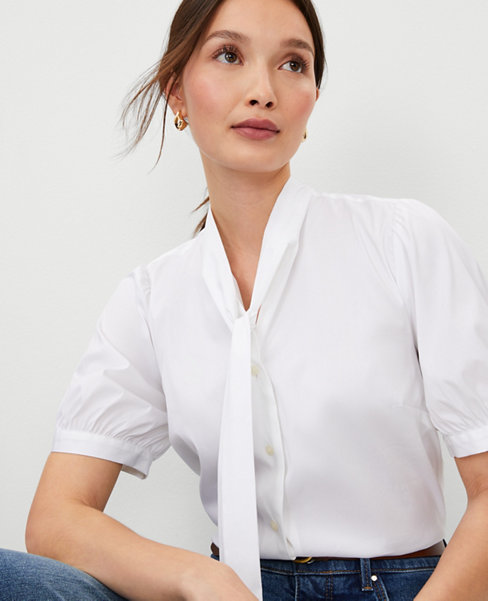Women Chiffon Shirt Top Long Puff Sleeve White Blouse Tie Neck
