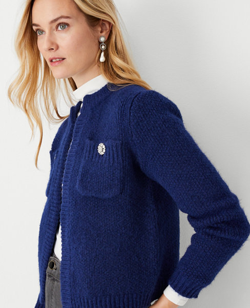 Jeweled Button Pocket Sweater Jacket