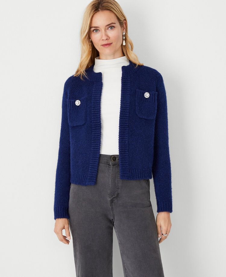 Jeweled Button Pocket Sweater Jacket