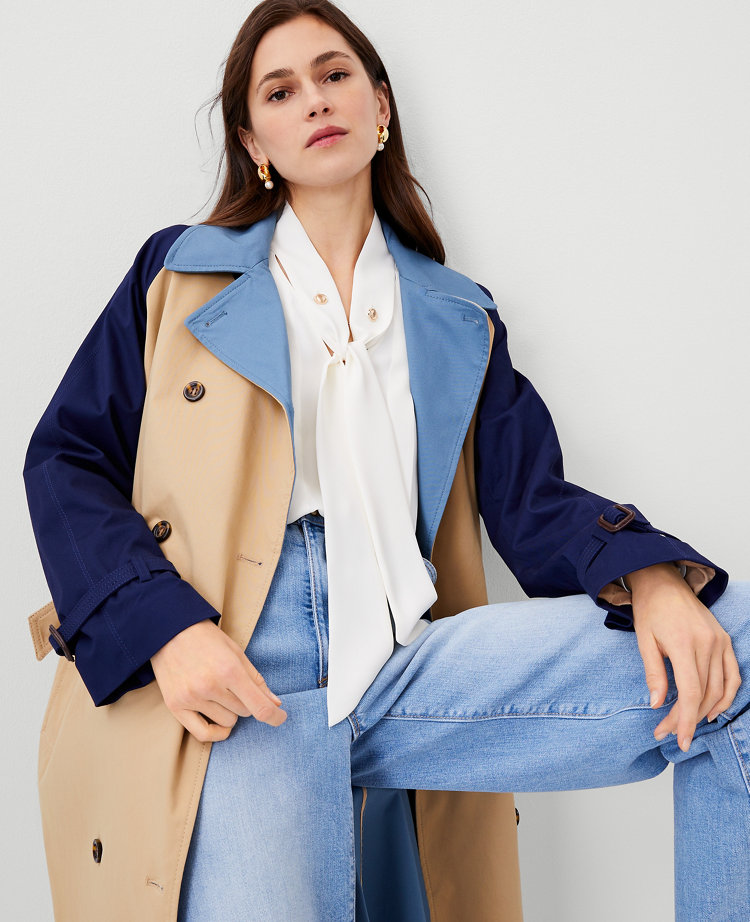 Colour Block Trench Coat - Neutral with Stripe