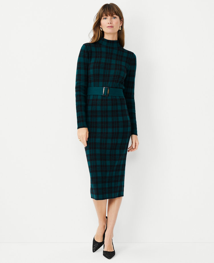 Plaid Jacquard Belted Sweater Dress