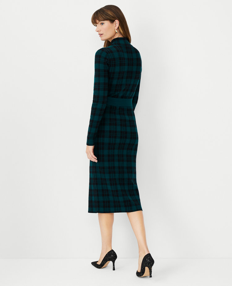 Plaid Jacquard Belted Sweater Dress