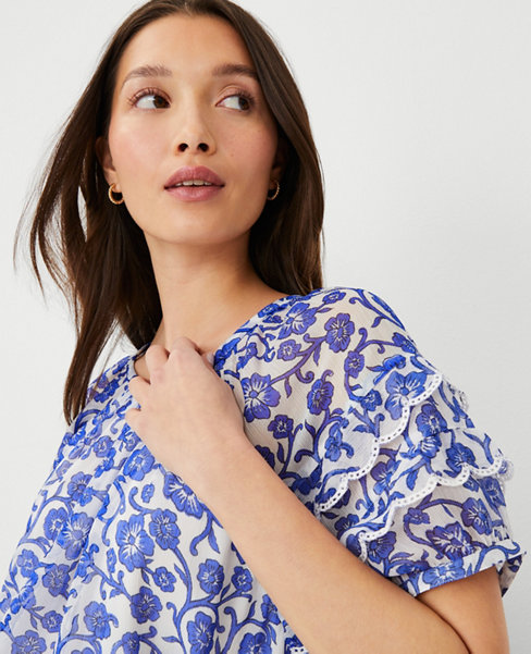 Ann Taylor Floral Embroidered Ruffle Puff Sleeve Top
