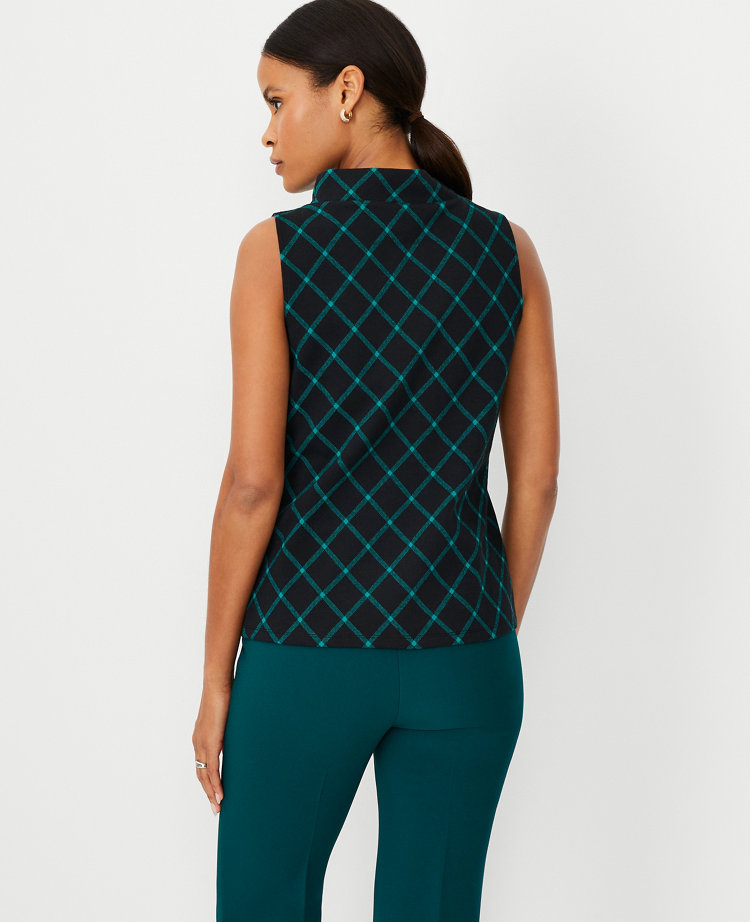 Windowpane Mock Neck Sleeveless Top