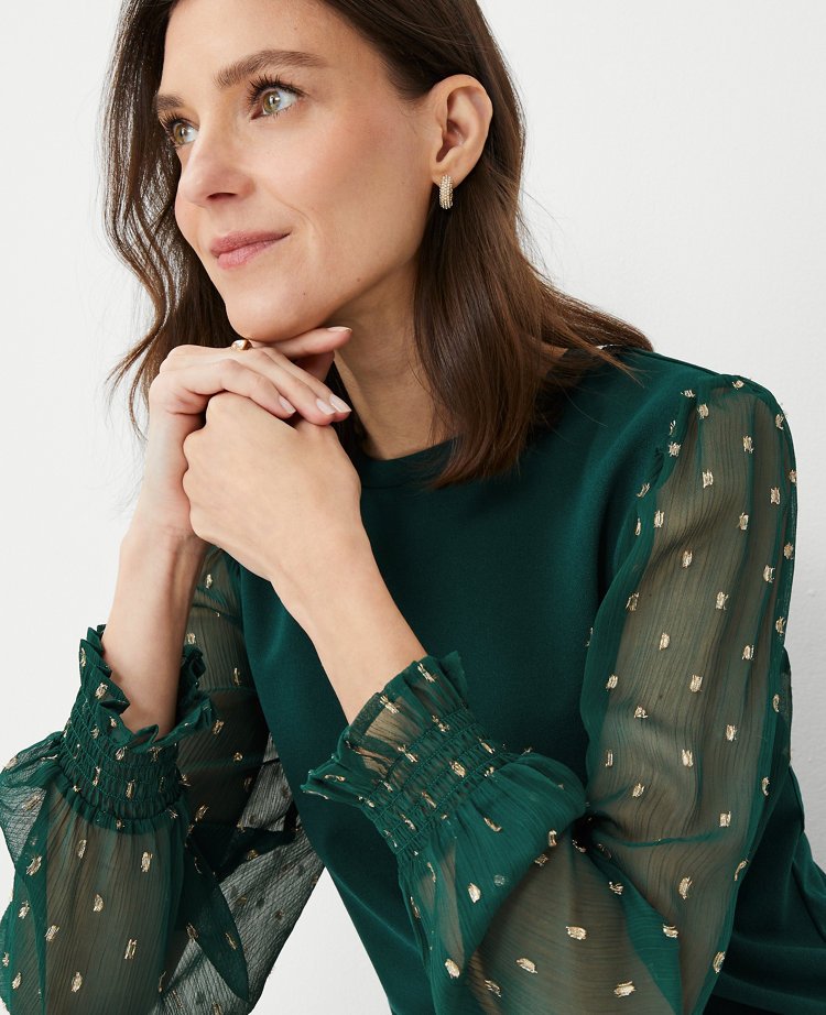 Smocked Metallic Clip Sleeve Top