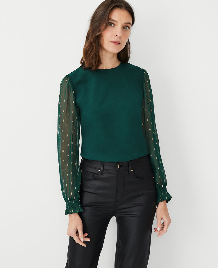 Smocked Metallic Clip Sleeve Top