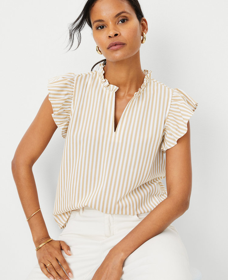 Ann Taylor Striped Ruffle Split Neck Top