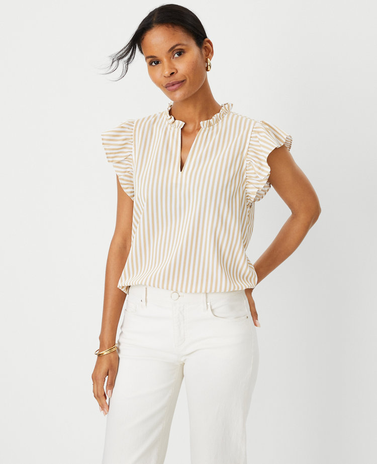 Striped Ruffle Split Neck Top